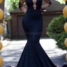 Sexy Mermaid Long Sleeves Prom Evening Dresses with Gold Lace Appliques E0587