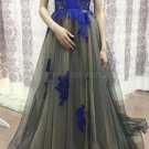 Long Tulle Prom Evening Dresses with Blue Lace Appliques E0588