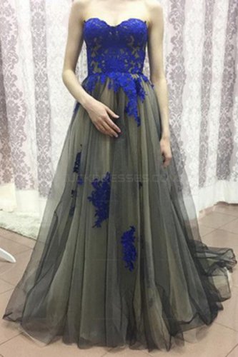 Long Tulle Prom Evening Dresses with Blue Lace Appliques E0588