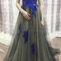 Long Tulle Prom Evening Dresses with Blue Lace Appliques E0588