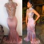 Mermaid High Neck Long Prom Evening Dresses with Lace Appliques E0589