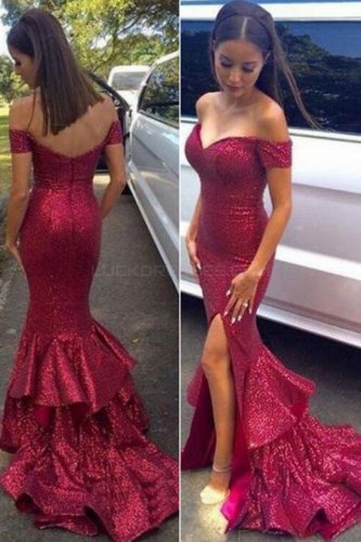 Mermaid Off-the-Shoulder Sequins Long Prom Evening Dresses E0591