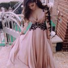 Sexy Long Sleeves V-Neck Prom Evening Dresses with Black Lace Appliques E0595