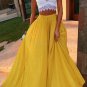 Sexy Two Pieces White Yellow Lace Chiffon Prom Evening Dresses E0596