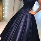 Elegant Long Blue Off-the-Shoulder Beaded Lace Prom Evening Dresses E0600