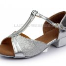 Kids' Silver Sparkling Glitter Flats Latin T-Strap Dance Shoes Chunky Heels Party Shoes D601031
