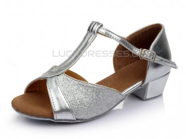 Kids' Silver Sparkling Glitter Flats Latin T-Strap Dance Shoes Chunky Heels Party Shoes D601031