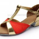 Women's Kids' Red Satin Flats Latin Salsa T-Strap Dance Shoes Chunky Heels Dance Shoes D601034