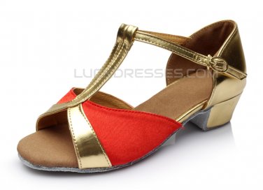 Women's Kids' Red Satin Flats Latin Salsa T-Strap Dance Shoes Chunky Heels Dance Shoes D601034