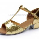 Girl's Gold Sparkling Glitter Flats Latin Salsa T-Strap Dance Shoes Chunky Heels Party Shoes D601035