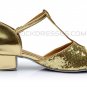 Girl's Gold Sparkling Glitter Flats Latin Salsa T-Strap Dance Shoes Chunky Heels Party Shoes D601035
