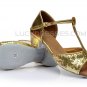 Girl's Gold Sparkling Glitter Flats Latin Salsa T-Strap Dance Shoes Chunky Heels Party Shoes D601035
