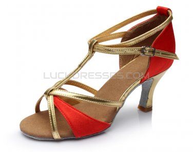 Women's Red Leatherette Satin Heels Sandals Latin Salsa With T-Strap Buckle Dance Shoes D602005