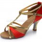 Women's Red Leatherette Satin Heels Sandals Latin Salsa With T-Strap Buckle Dance Shoes D602005