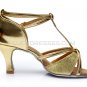 Women's Gold Leatherette Satin Heels Sandals Latin Salsa With T-Strap Buckle Dance Shoes D602006