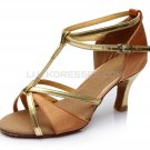 Women's Brown Leatherette Satin Heels Sandals Latin Salsa With T-Strap Buckle Dance Shoes D602007