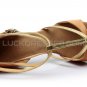 Women's Brown Leatherette Satin Heels Sandals Latin Salsa With T-Strap Buckle Dance Shoes D602007