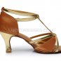 Women's Brown Leatherette Satin Heels Sandals Latin Salsa With T-Strap Buckle Dance Shoes D602007