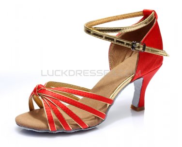 Women's Red Gold Satin Heels Sandals Latin Salsa With Ankle Strap Dance Shoes D602008