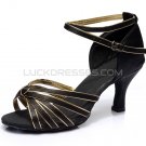 Women's Black Gold Satin Heels Sandals Latin Salsa With Ankle Strap Dance Shoes D602012