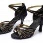 Women's Black Gold Satin Heels Sandals Latin Salsa With Ankle Strap Dance Shoes D602012