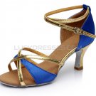 Women's Blue Gold Satin Heels Sandals Latin Salsa With Ankle Strap Dance Shoes D602018