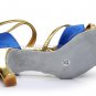 Women's Blue Gold Satin Heels Sandals Latin Salsa With Ankle Strap Dance Shoes D602018