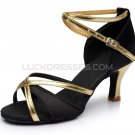 Women's Black Gold Satin Heels Sandals Latin Salsa With Ankle Strap Dance Shoes D602020