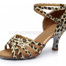 Women's Leopard Satin Heels Sandals Latin Salsa With Ankle Strap Dance Shoes D602022