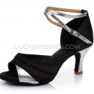 Women's Black Silver Satin Heels Sandals Latin Salsa With Ankle Strap Dance Shoes D602035