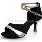 Women's Black Silver Satin Heels Sandals Latin Salsa With Ankle Strap Dance Shoes D602038