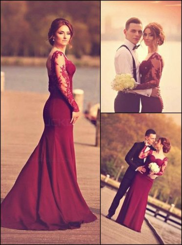 Trumpet/Mermaid Off-the-Shoulder Long Sleeves Red Lace Prom Evening Formal Dresses E0003