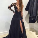 One Sleeve Long Black Lace Chiffon Prom Evening Formal Dresses E0007