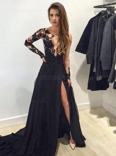 One Sleeve Long Black Lace Chiffon Prom Evening Formal Dresses E0007