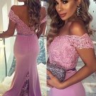 Trumpet/Mermaid Off-the-Shoulder Long Pink Lace Prom Evening Formal Dresses E0009