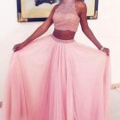 Two Pieces Beaded High Neck Long Pink Prom Evening Formal Dresses E0010