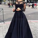Two Pieces Long Sleeves Black Lace Prom Evening Formal Dresses E0024