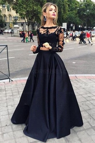 Two Pieces Long Sleeves Black Lace Prom Evening Formal Dresses E0024