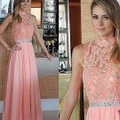Beaded Chiffon Lace High Neck Long Prom Evening Formal Dresses E0031