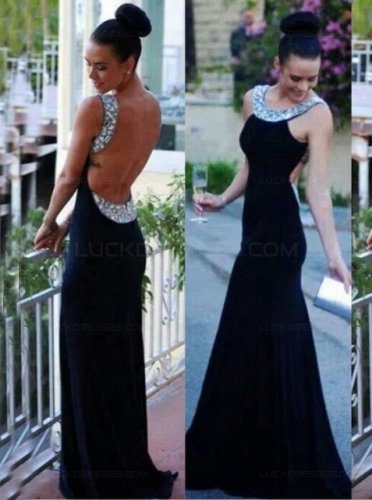 Long Black Backless Beaded Prom Evening Formal Dresses E0057