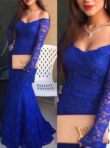 Trumpet/Mermaid Off-the-Shoulder Lace Long Blue Prom Evening Formal Dresses E0058