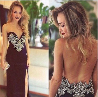 Beaded Sheath See Through Long Prom Evening Formal Dresses E0068