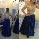 Long Sleeves Off-the-Shoulder Gold Beaded Lace Blue Prom Evening Formal Dresses E0076