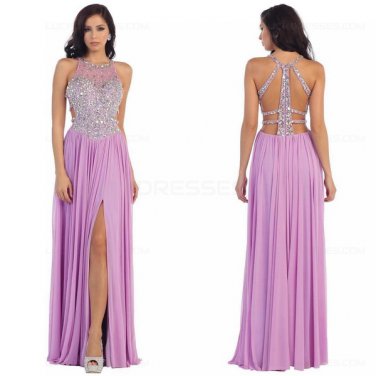 Beaded Lilac Chiffon Long Prom Evening Formal Dresses E0093