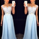 Long Blue Lace Chiffon See Through Prom Evening Formal Dresses E0097