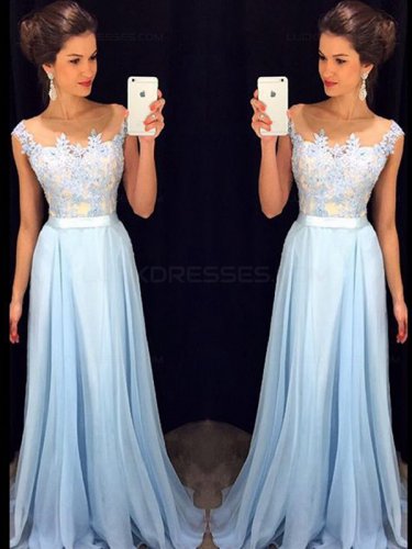 Long Blue Lace Chiffon See Through Prom Evening Formal Dresses E0097
