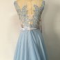 Long Blue Lace Chiffon See Through Prom Evening Formal Dresses E0097
