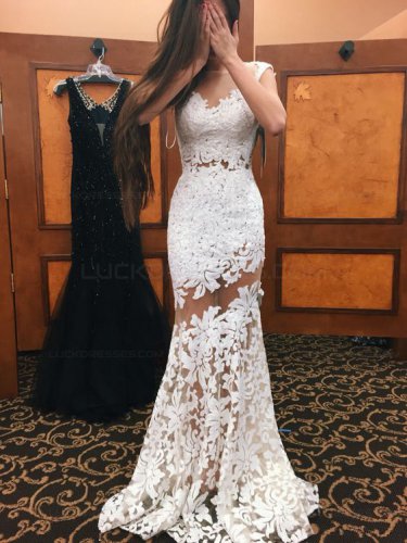 Trumpet/Mermaid Long White See Through Prom Evening Formal Dresses E0101