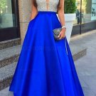 A-Line Silver Sequins Blue Satin Long Prom Evening Formal Dresses E0107