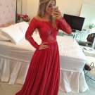 Long Sleeves Lace Appliques Top Off-the-Shoulder Red Prom Evening Formal Dresses E0162